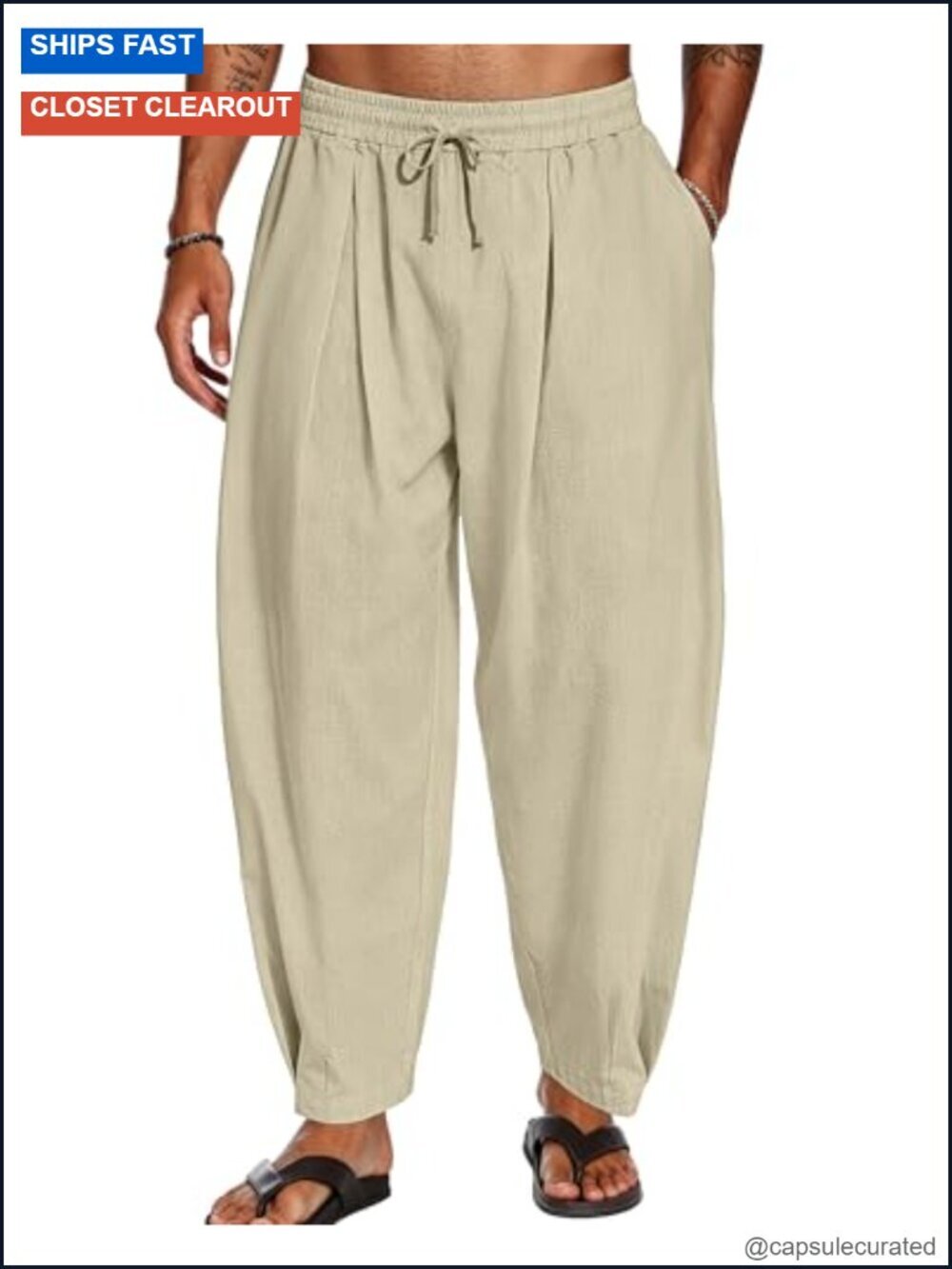 Cotton Linen Harem Pants Loose Elastic Waist Drawstring Summer Pockets